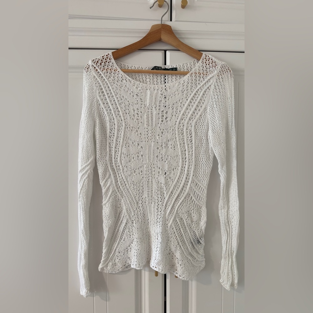 Ralph Lauren White Open-Knit Scoopneck Sweater